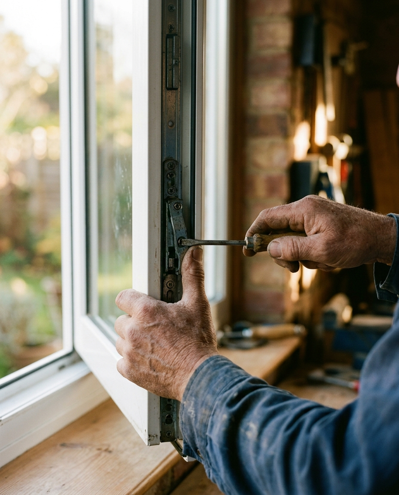 Fensterbeschlag wird mit dem Schraubendreher eingestellt